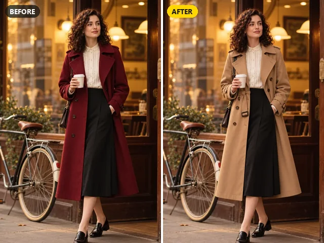 Woman outside a café with a burgundy coat changed to a camel trench coat