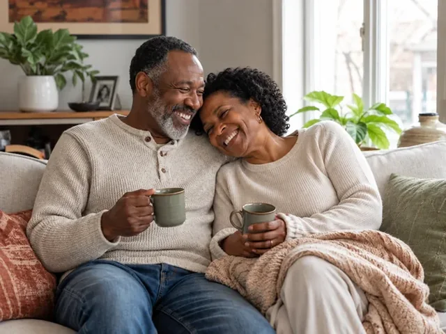 Chat gpt candid photo creation prompt result: older couple laughing on a sofa with mugs
