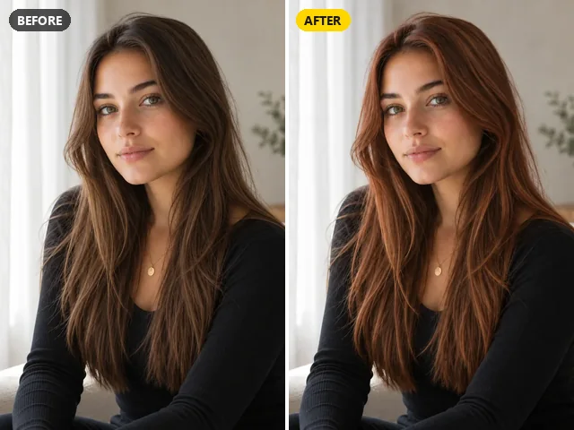 Woman with long brown hair changed to copper auburn hair