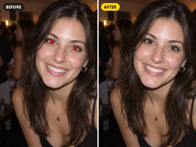 Party portrait with red flash eyes fixed to natural brown eyes