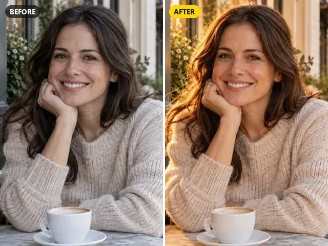 ChatGPT photo enhancement prompt: café portrait relit with warm golden hour sunlight