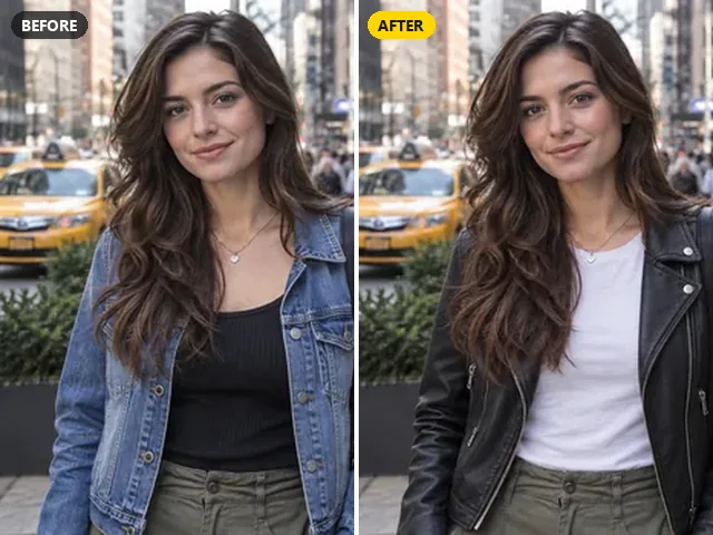Woman on a city street with her denim jacket swapped for a black leather jacket