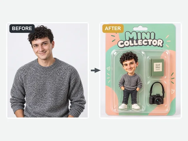 Man in a gray sweater turned into a cute 3D figurine in a pastel blister pack