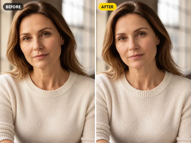 Before and after natural skin retouch of a woman with fine lines softened and skin texture kept