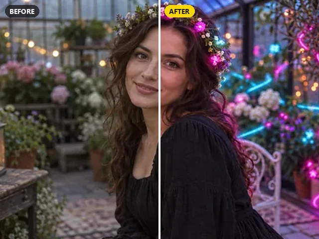 ChatGPT prompt for aesthetic pictures: garden portrait with glowing pink and blue neon light trails