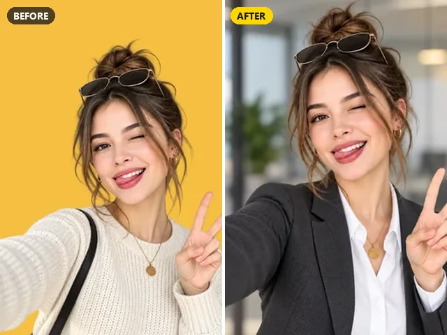 ChatGPT prompt for professional photo editing: selfie on a yellow wall turned into an office portrait in a black blazer
