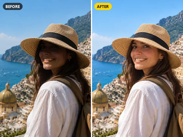 Woman in a straw hat by the sea with the dark hat shadow removed from her face