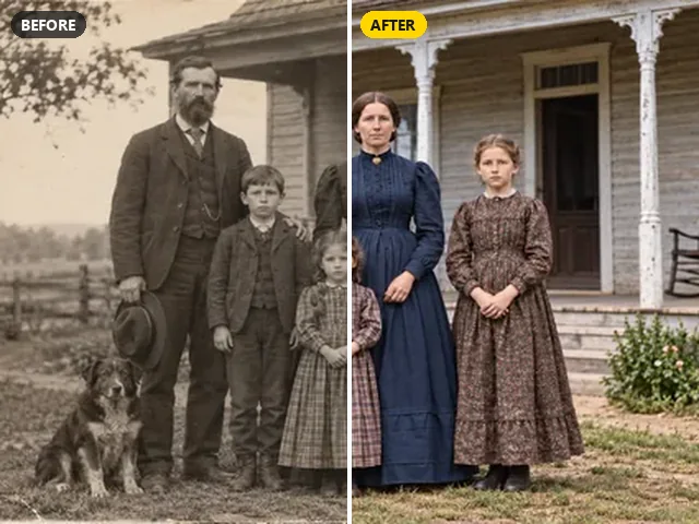 Faded sepia family photo in front of a farmhouse restored and colorized