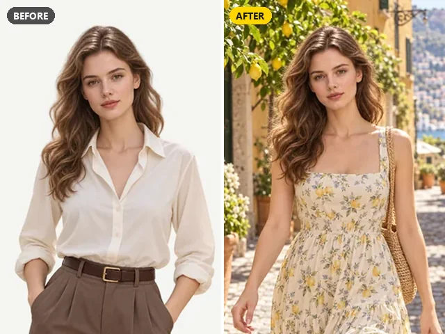 Studio portrait turned into a Riviera street photo with a floral sundress
