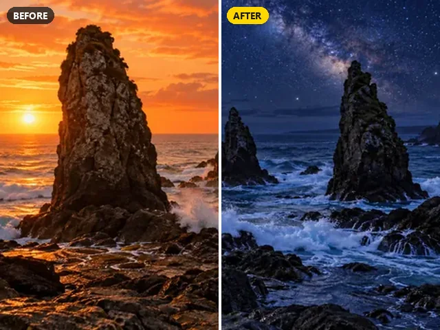 Sea stacks at sunset turned into a starry night scene with the Milky Way
