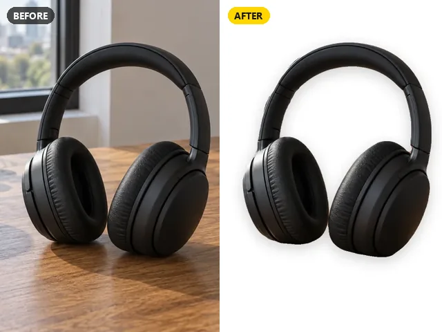 Headphones on a desk cut out onto a pure white product background