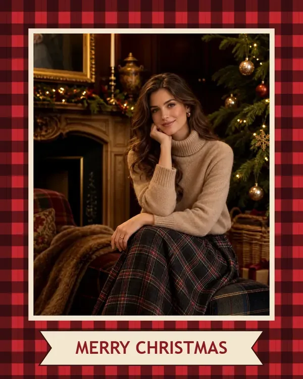 Red and black buffalo plaid Christmas card background with a Merry Christmas banner