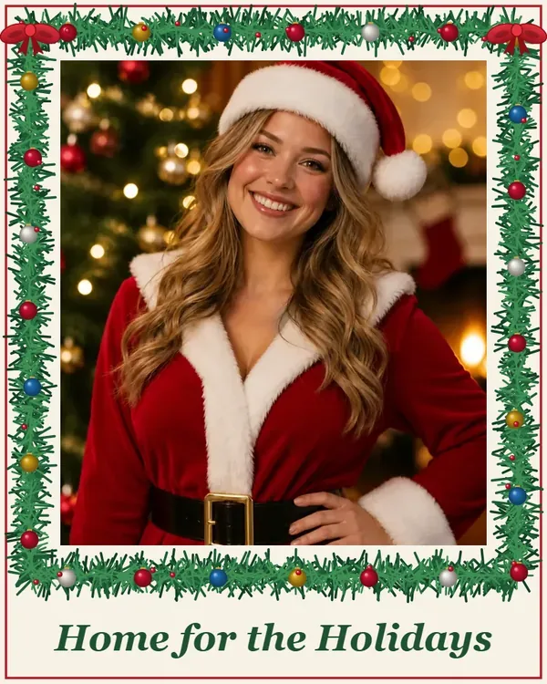 Evergreen garland Christmas card frame around a woman in a Santa outfit with Home for the Holidays text