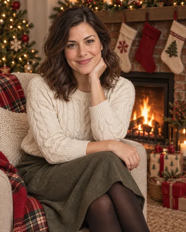 Woman in a cream sweater by a fireplace with stockings as a cozy Christmas photo backdrop