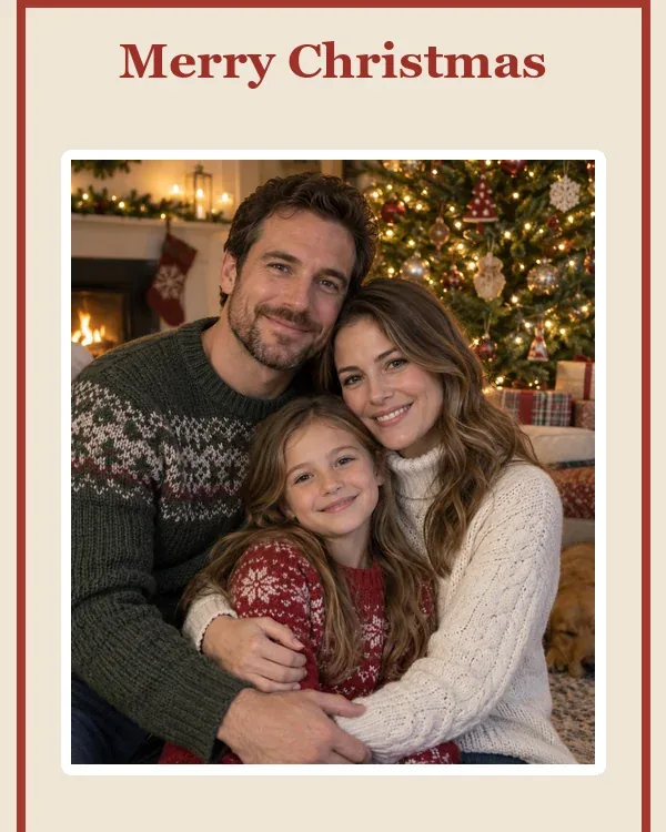 Classic Merry Christmas photo card with a red border and a family portrait by the tree