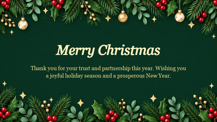 Business Christmas card for clients with holly, ornaments and a message about partnership