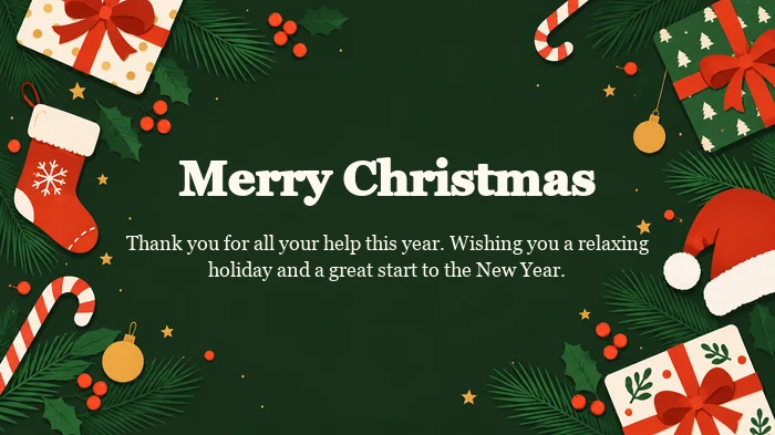 Christmas card for a coworker with candy canes, presents and a message about coffee breaks