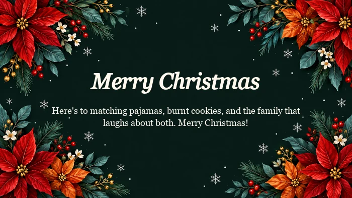 Christmas card for family with red flowers on a dark background and a loving message