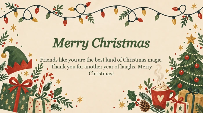 Christmas card for friends with string lights, cocoa, gifts and a cheerful message