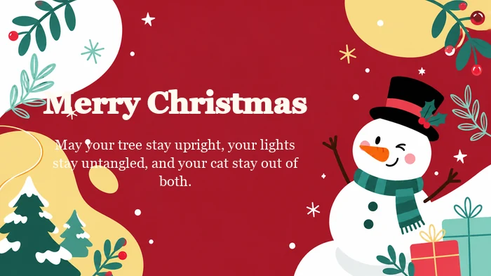 Funny Christmas card with a snowman in a top hat on a red background and a playful message