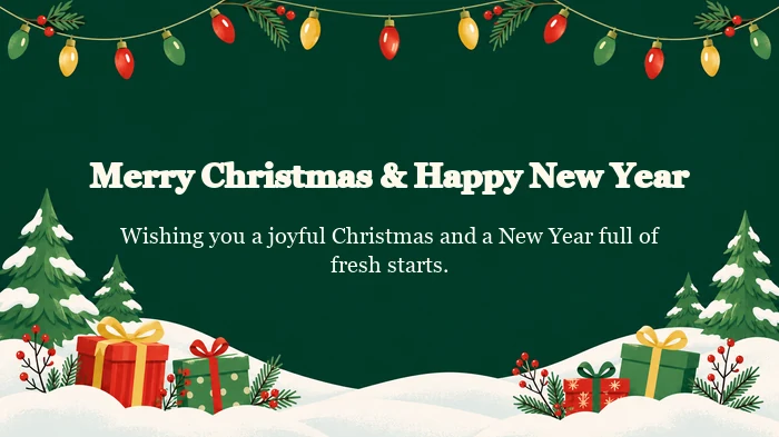 Christmas and New Year card with snowy trees, presents and string lights on dark green