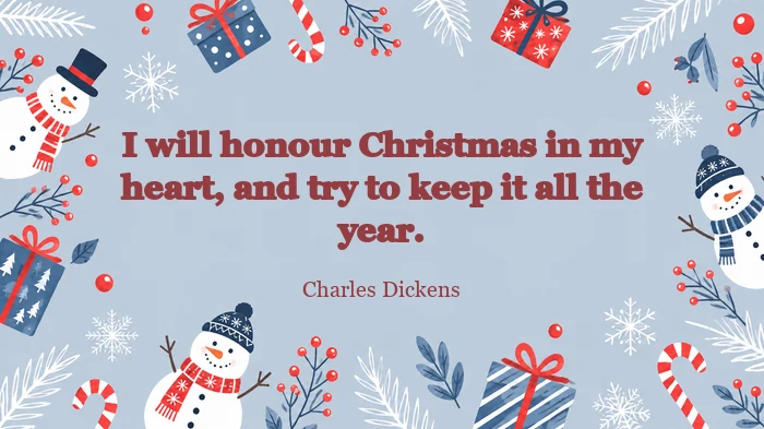 Merry Christmas card quote on a pale blue card with snowmen, gifts and candy canes