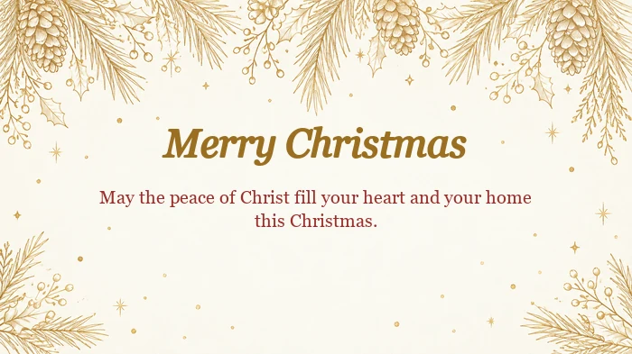 Minimal religious Christmas card with gold lettering and a message about peace