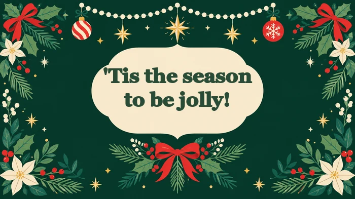 Christmas card saying ideas: Tis the season to be jolly lettering on dark green with ornaments