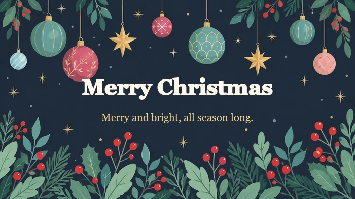 Christmas card with hanging ornaments and stars on navy and a short Merry Christmas message