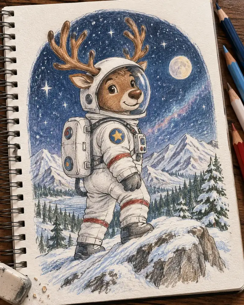 Cool Christmas drawing of a reindeer in an astronaut suit with antlers poking out of the helmet