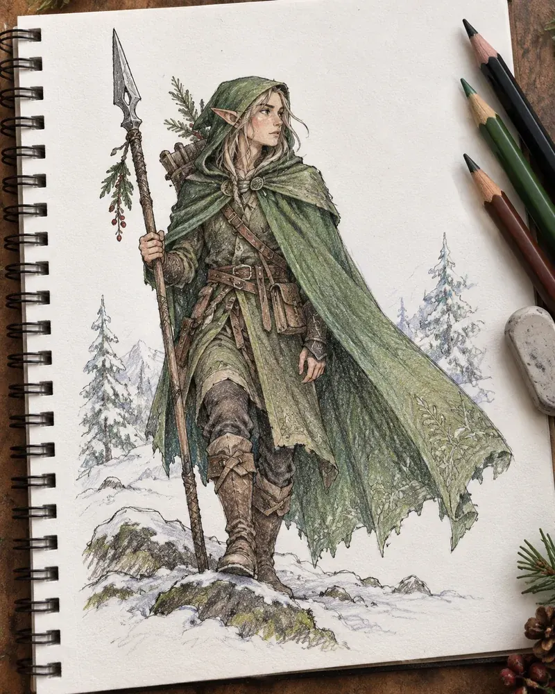Colored pencil drawing of a fantasy Christmas elf in a green hood holding a spear