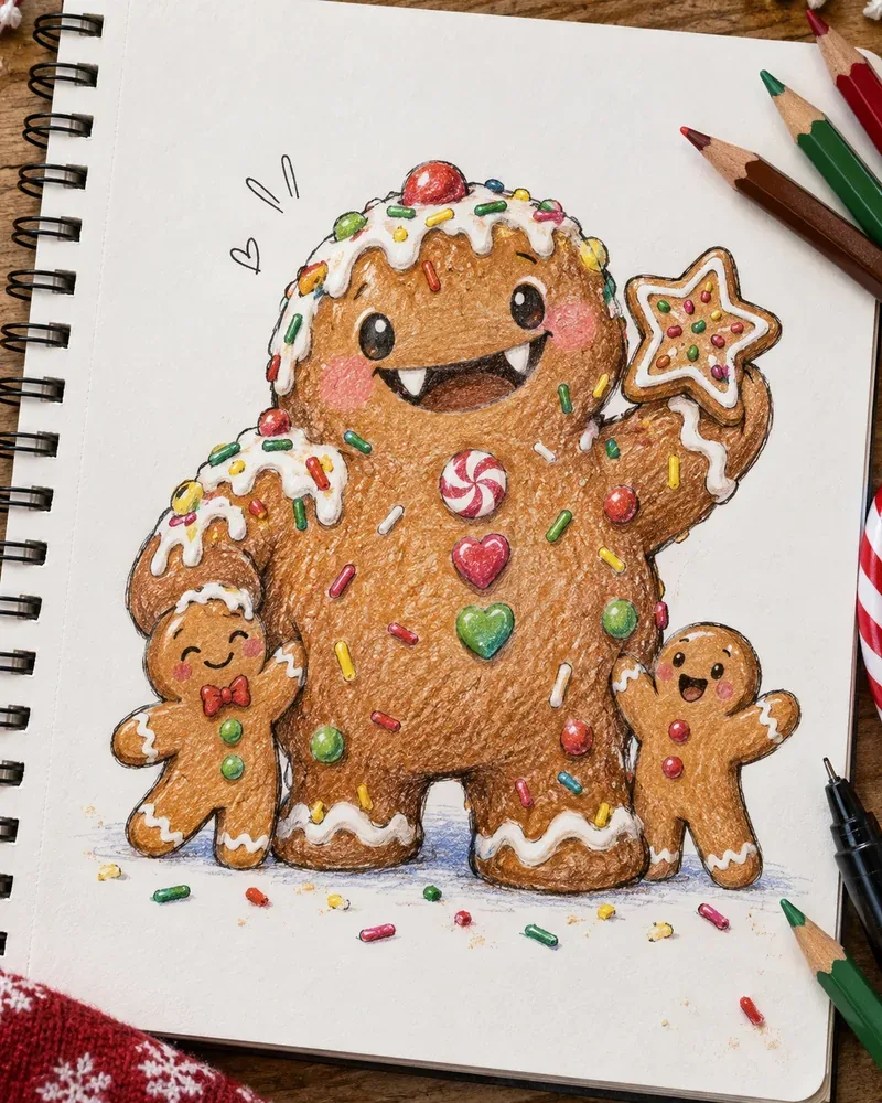 Funny Christmas drawing of a giant gingerbread monster with sharp teeth next to two small gingerbread men