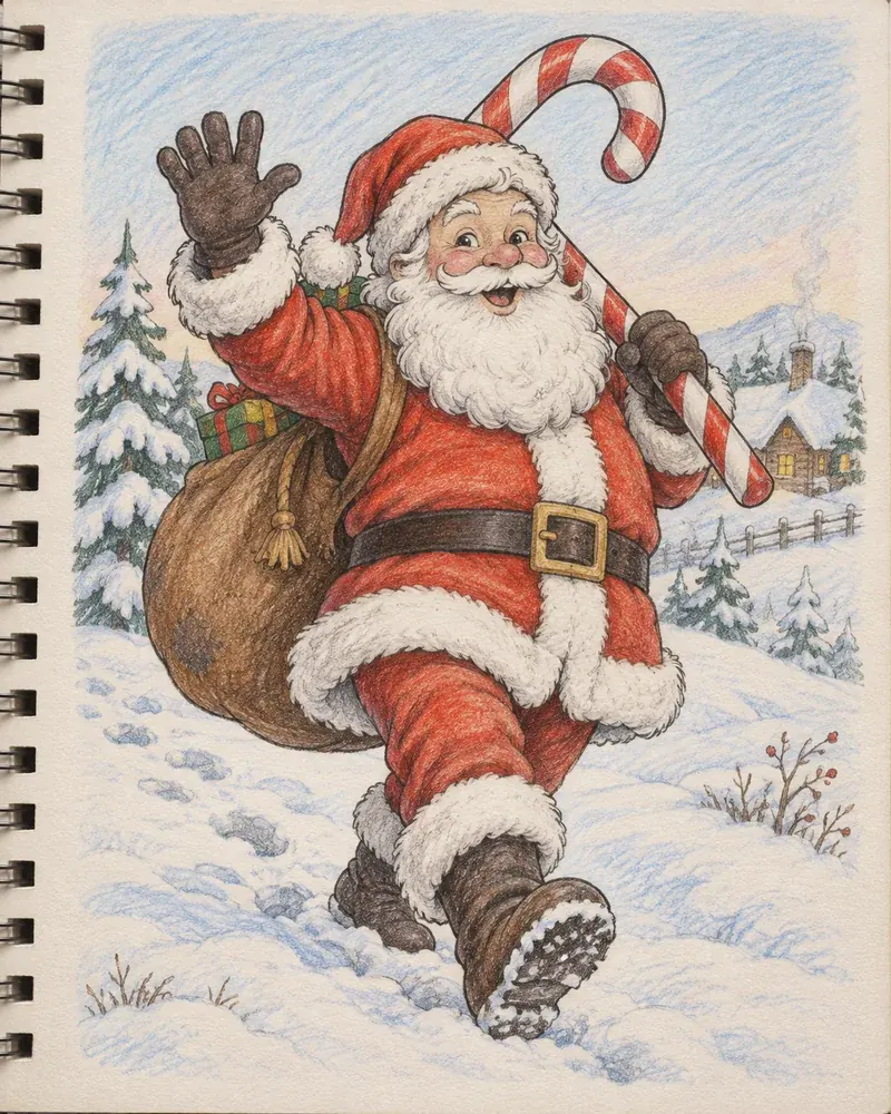 Cartoon Santa Claus drawing walking through snow with a candy cane and a toy sack