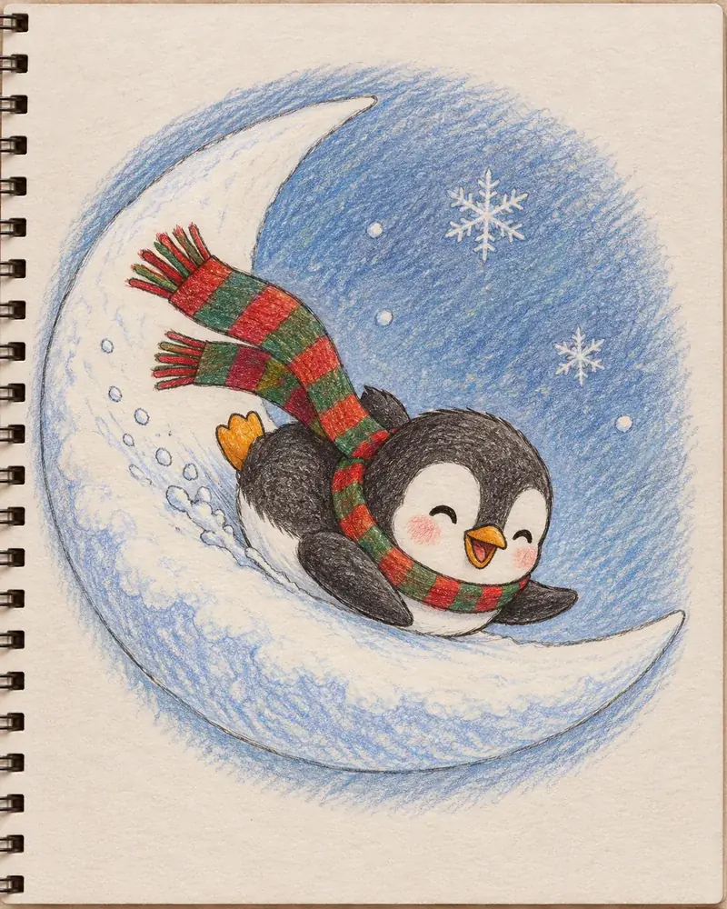 Cute Christmas drawing of a penguin sliding through snow in a striped scarf