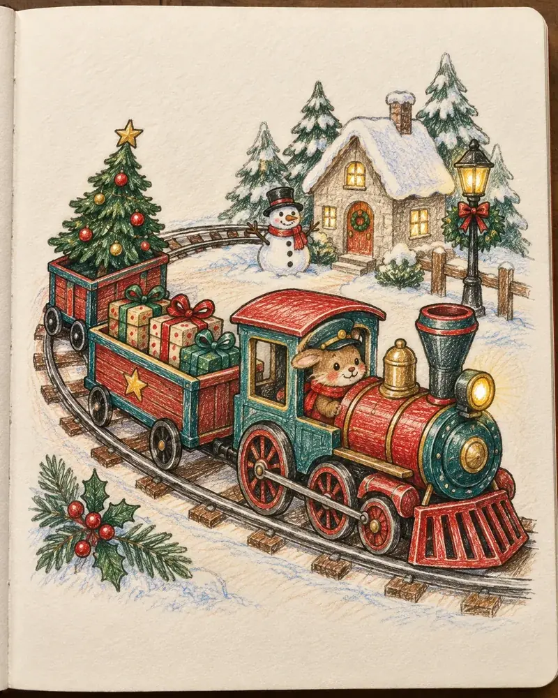 Red and teal toy train drawing curving around a track with a present and small Christmas tree