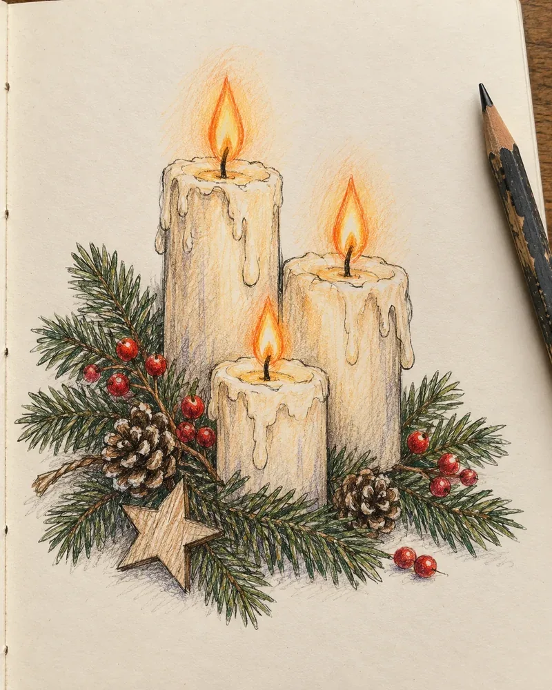 Three lit Christmas candles in a sketchbook drawing with pine sprigs