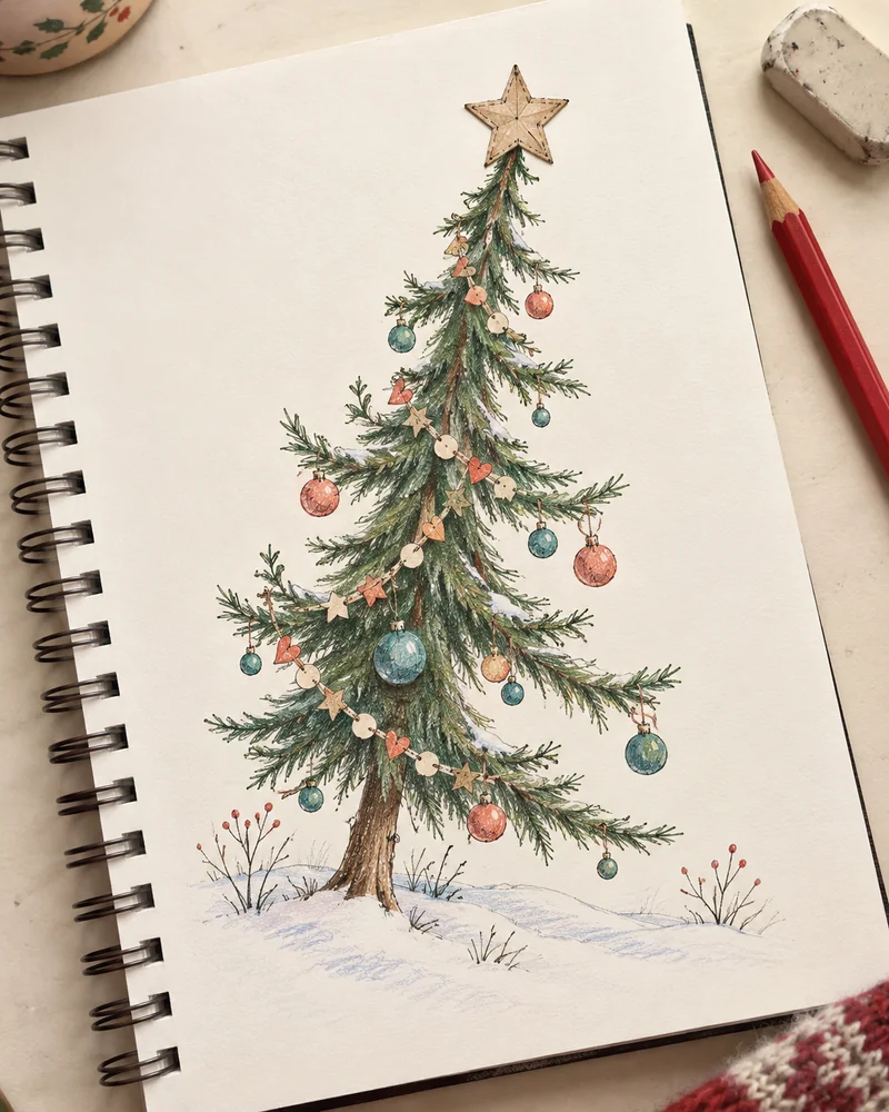 Easy Christmas drawing idea: a decorated Christmas tree with a gold star on a snowy hill