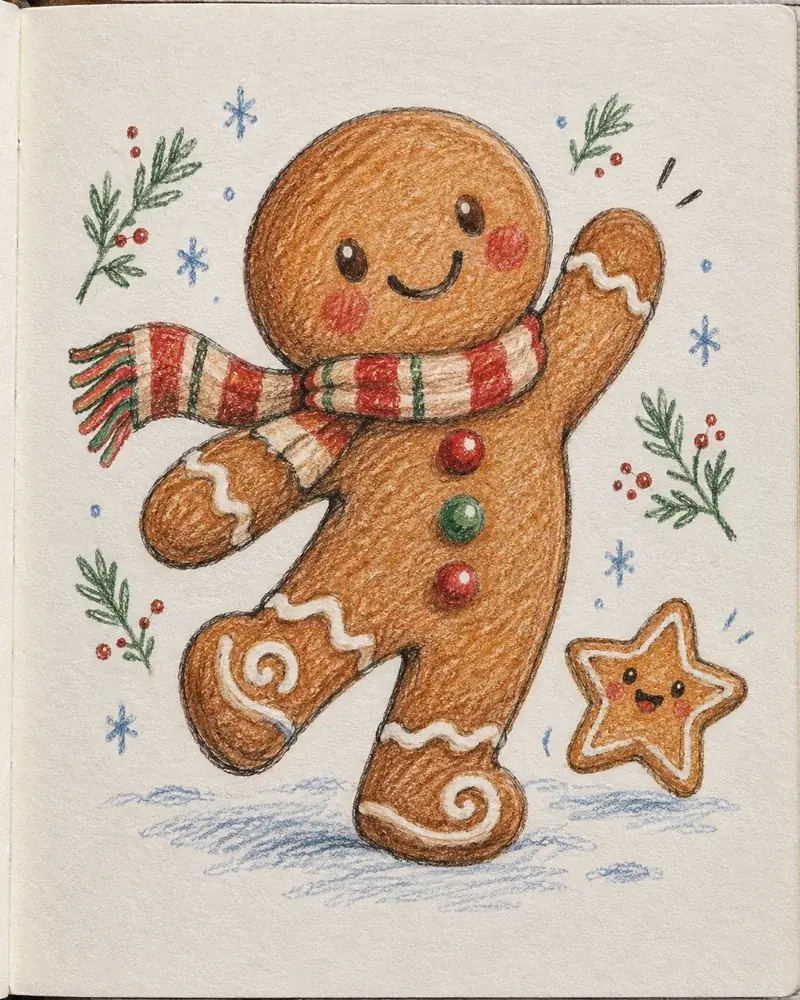 Gingerbread man drawing with a striped scarf, icing details and candy buttons