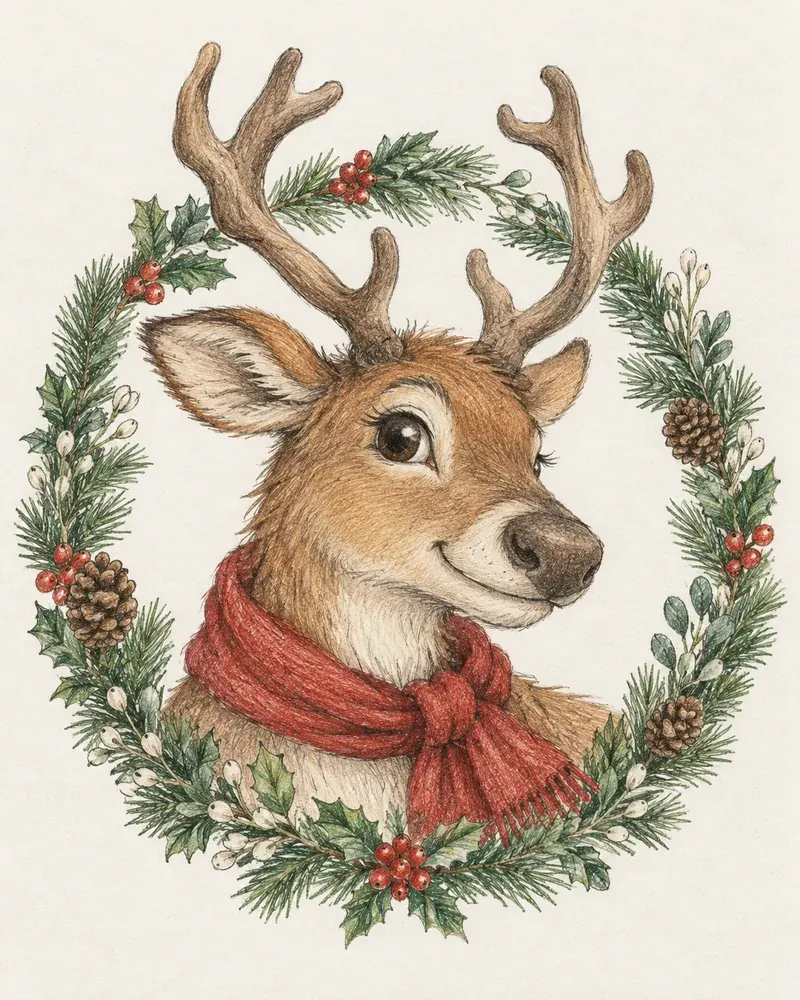 Colored pencil reindeer portrait with antlers, a red scarf and a winter wreath