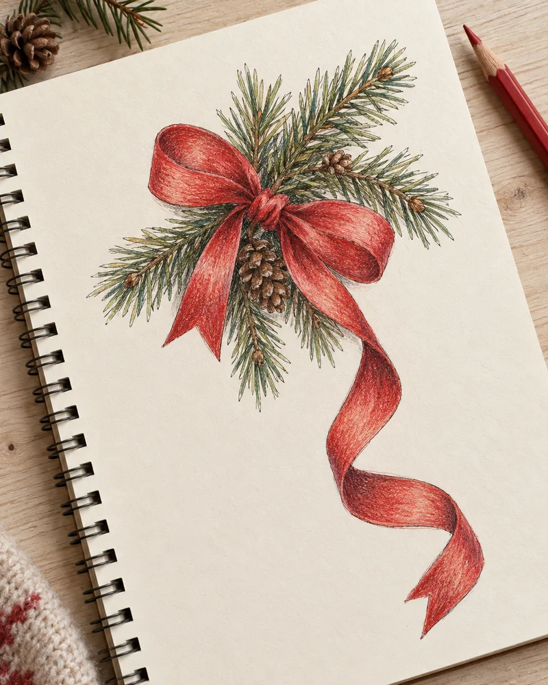 Red Christmas ribbon bow tied to a pine sprig in a sketchbook drawing