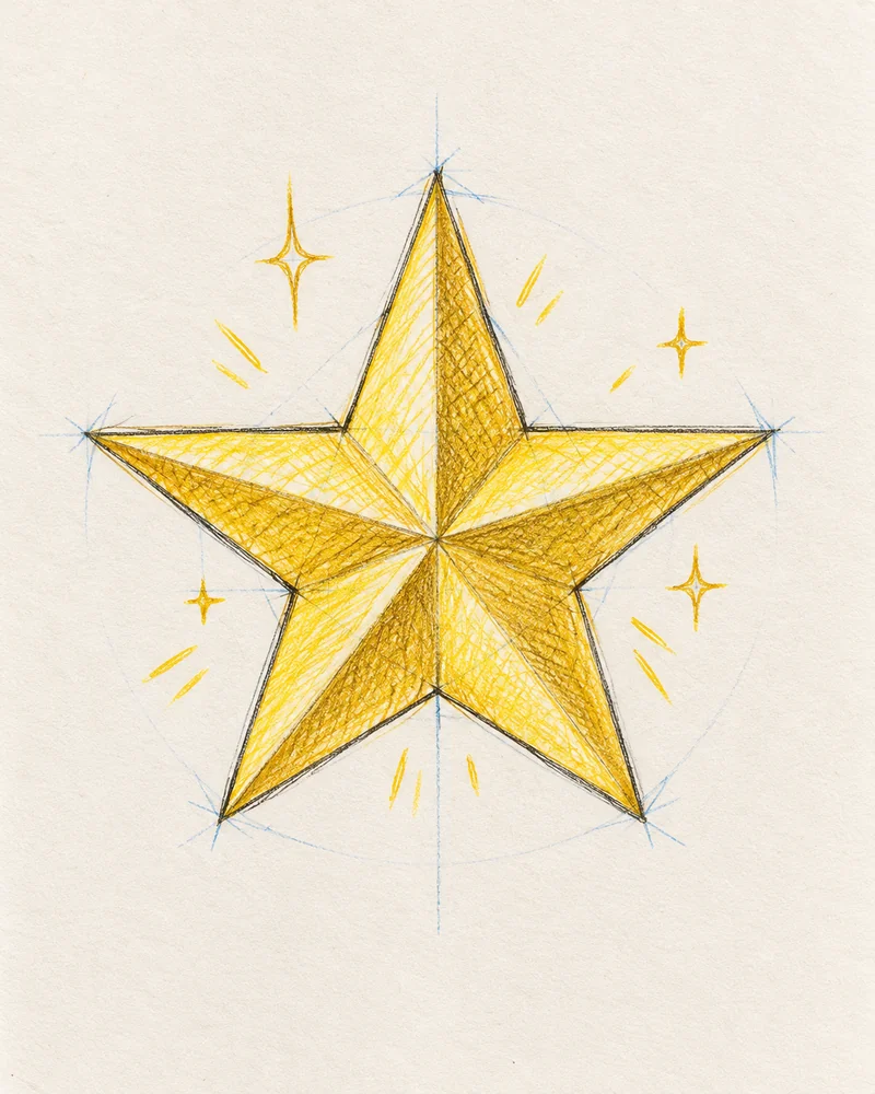 Golden five-pointed Christmas star drawing with shaded facets
