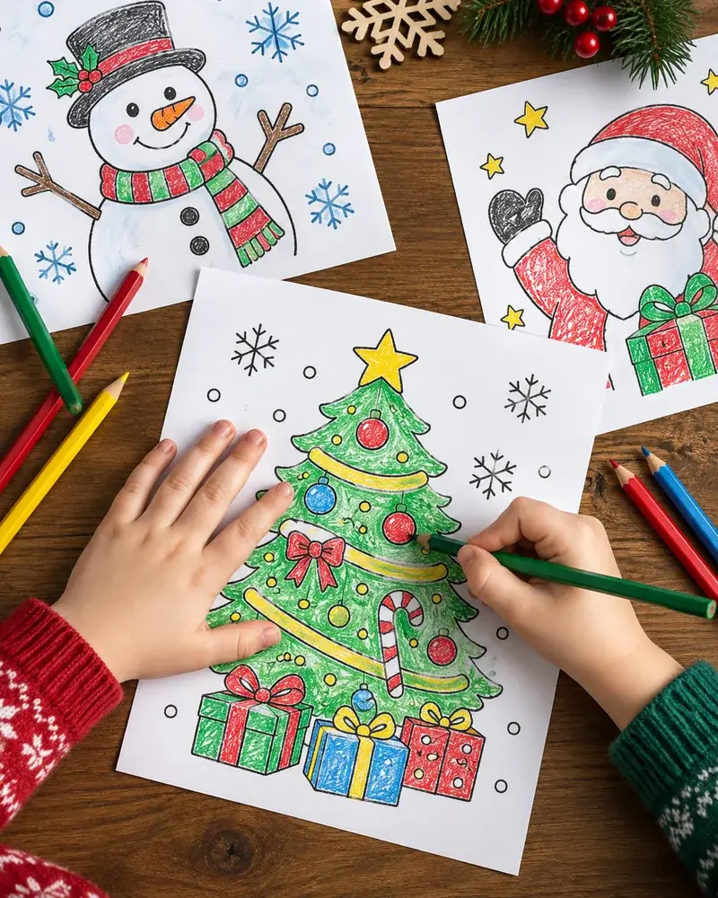 Kids coloring Christmas drawing pages of penguins, Santa and an angel with colored pencils