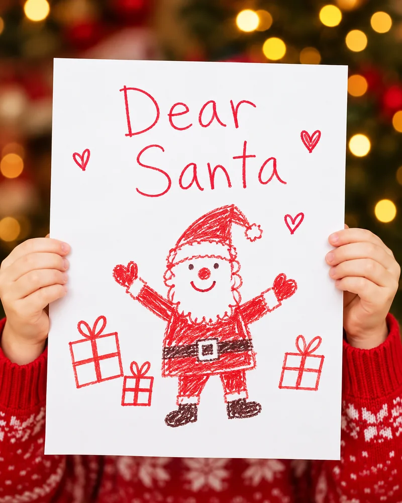 Child holding a Dear Santa letter with a drawing of Santa in red marker