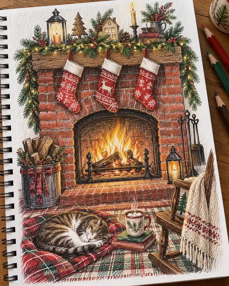 Detailed Christmas drawing of a brick fireplace with a fire, garland and three red stockings