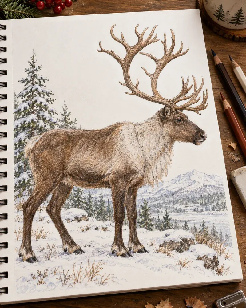 Realistic colored pencil drawing of a reindeer with large antlers in a sketchbook