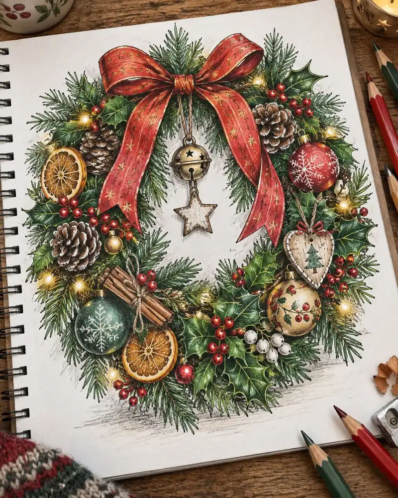 Detailed Christmas wreath drawing with ornaments, holly leaves and a red bow