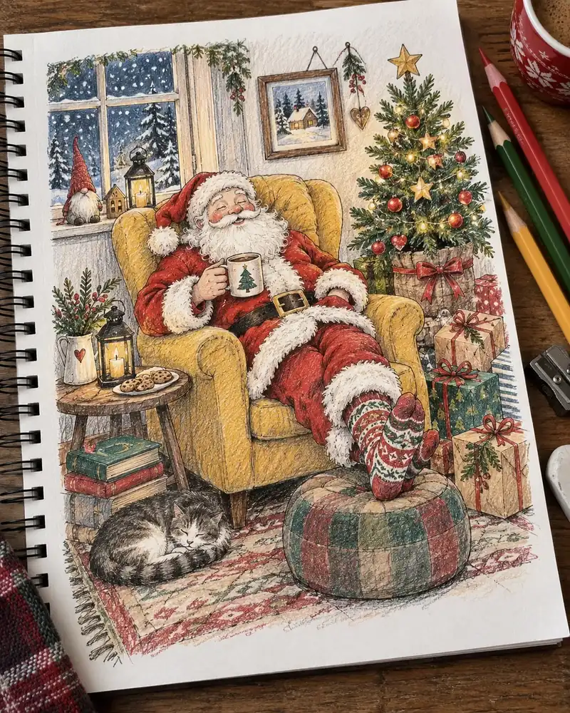 Christmas drawing of Santa relaxing in a yellow armchair surrounded by presents and a small tree