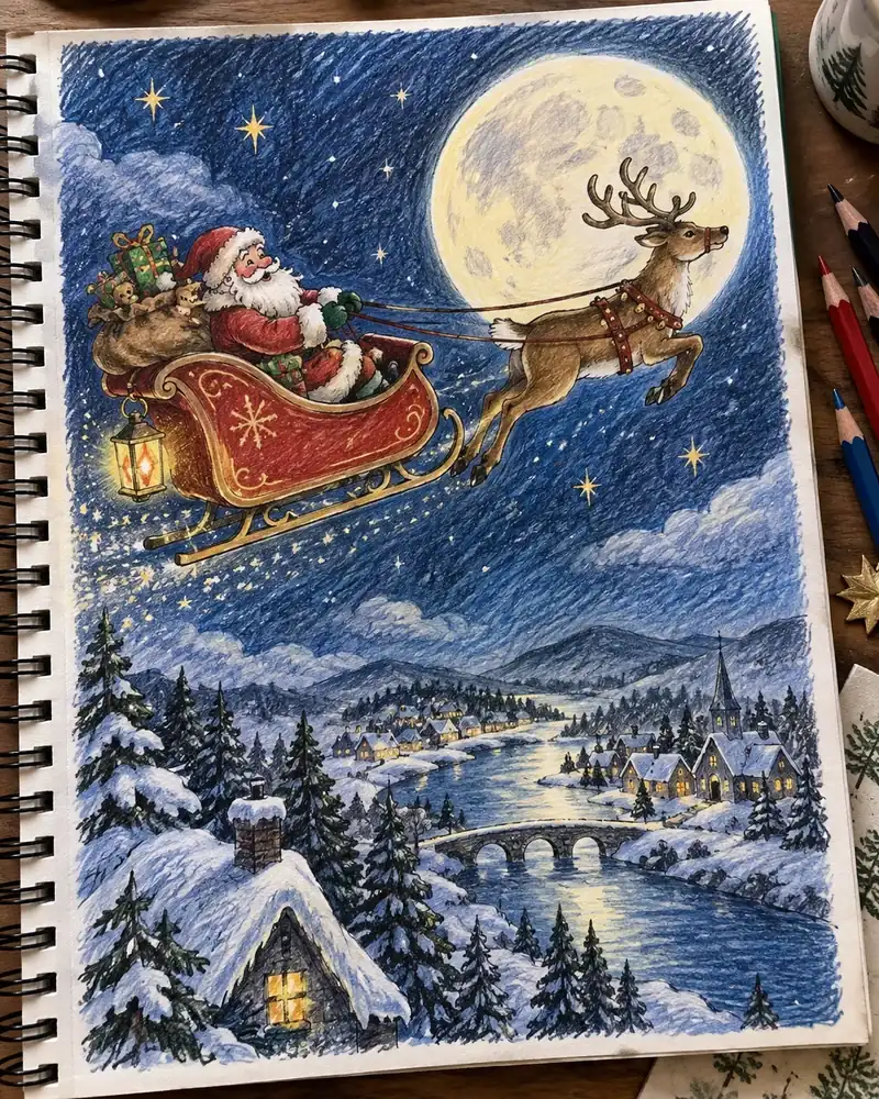 Christmas drawing of Santa in a red sleigh pulled by a reindeer across a starry night sky