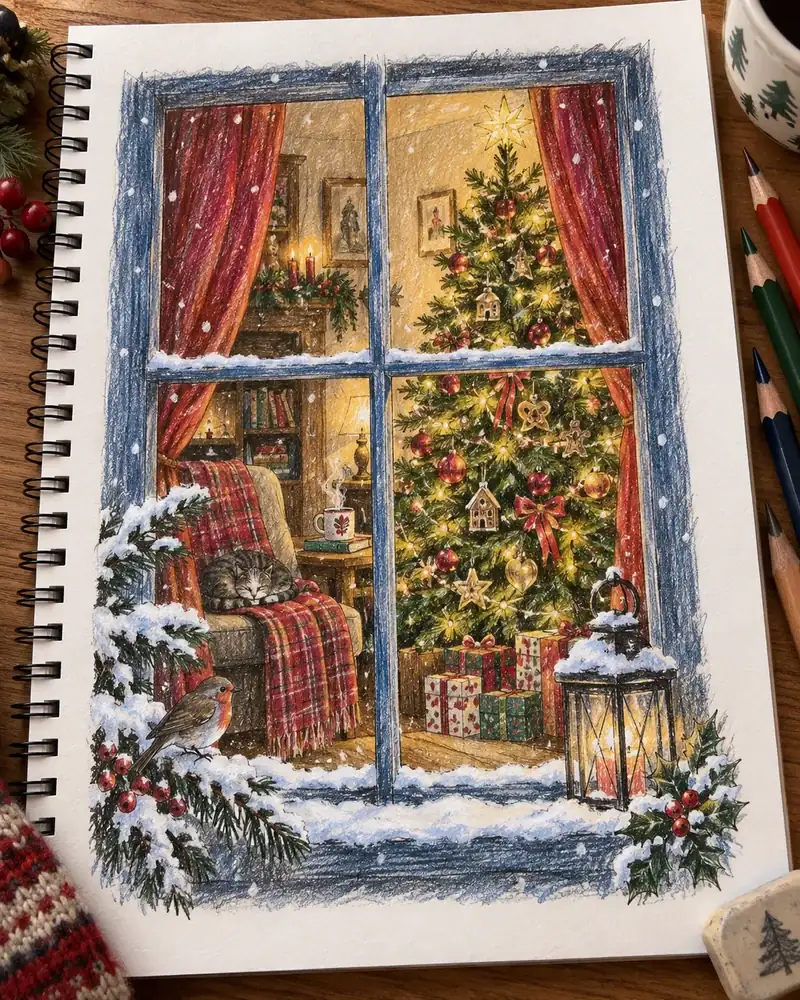 Beautiful Christmas drawing of a decorated tree seen through a window with red curtains and falling snow