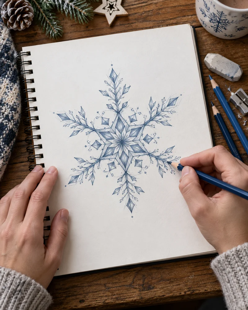 Blue detailed snowflake sketch drawn with six symmetrical arms in a notebook